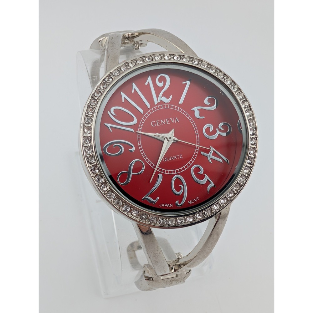 Geneva Watch‎ Women 37mm Case Crystal Bezel Red Dial Bangle Band- New Battery
